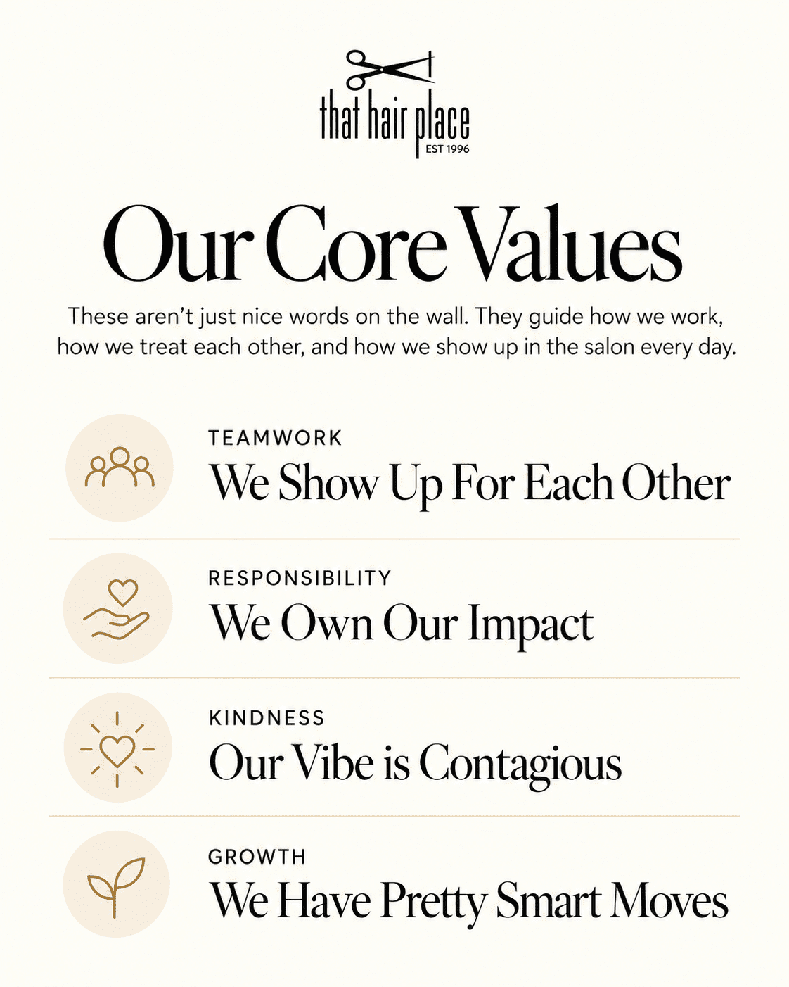Salon values: teamwork, responsibility, kindness, and growth. Emphasizes supportive environment.