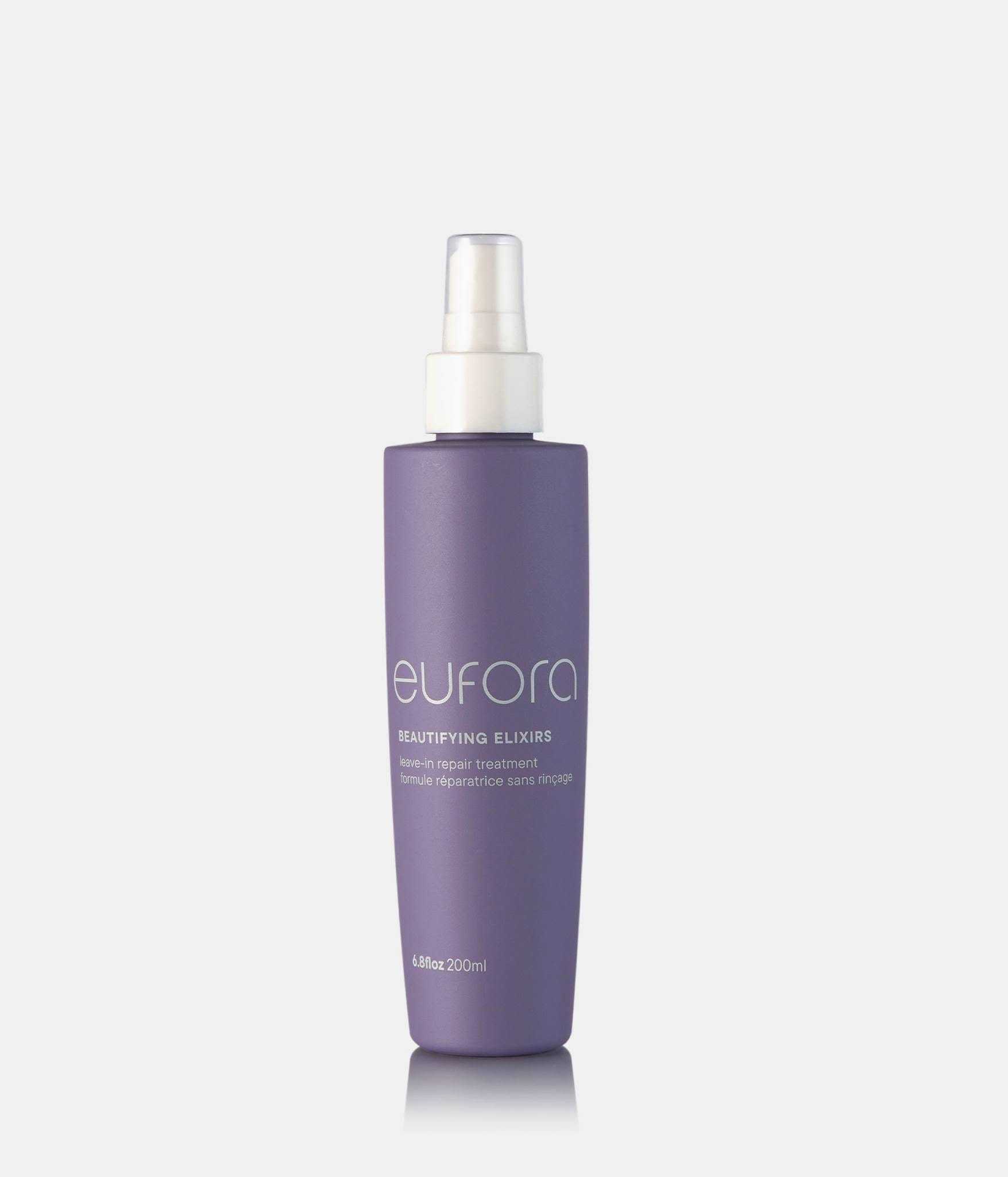 Purple Eufora hair treatment bottle with pump dispenser, 6.8 fl oz.