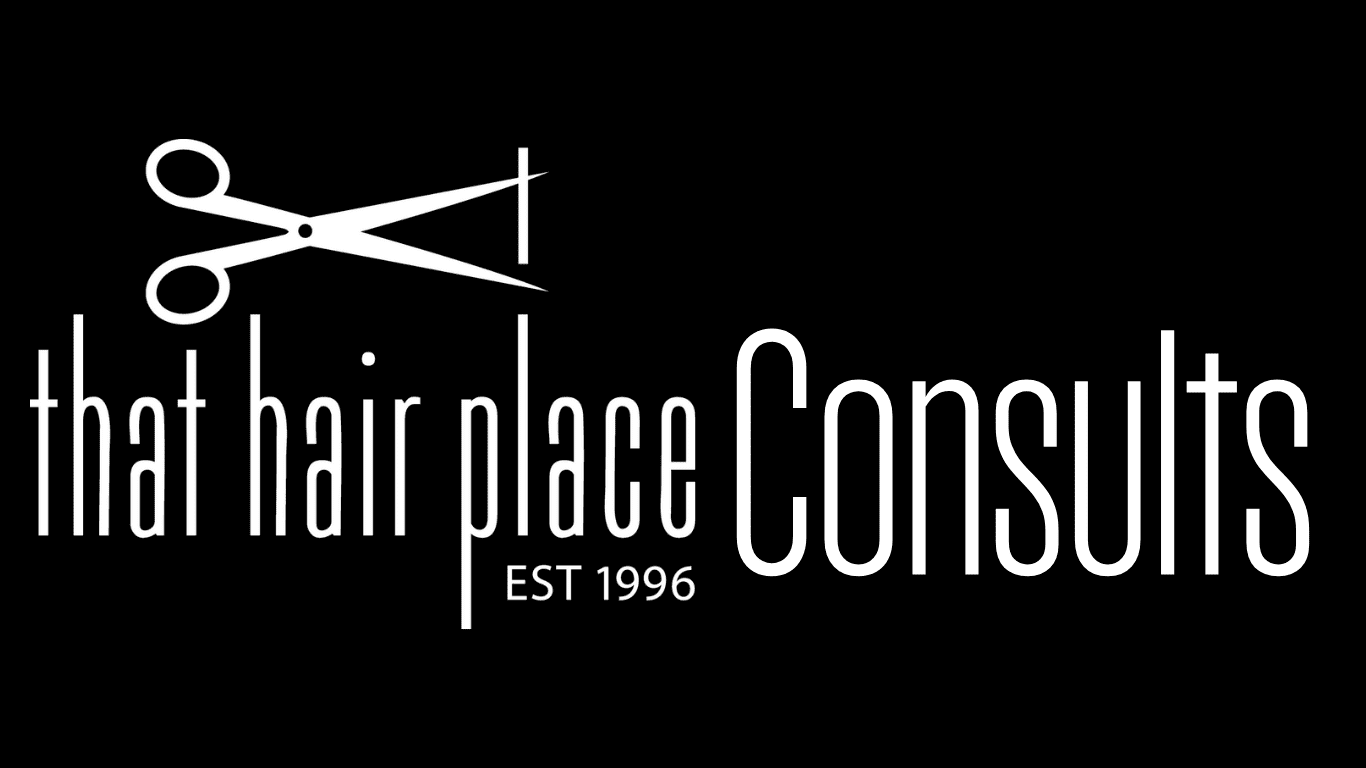 Scissors logo with "that hair place Consults, EST 1996" on a black background.